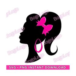barbie head silhouette | barbie girl | barbie bow | barbie inspired | svg | png | jpg | barbie decor | barbie birthday | pink hoop earrings