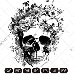 skull svg file, flower skull svg, skull cut file, floral skull svg file, sugar skull svg , skull flower crown, hallo