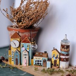 in stock tiny street, miniature houses, driftwood art, little wooden house, set of 5 little houses