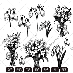 snowdrops flowers svg, spring flowers, forest flowers, bouquets of snowdrops, floral print