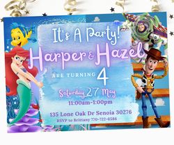 little mermaid birthday editable invitation, toy story birthday invitation, twin theme birthday party, woody ariel buzz