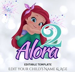 editable baby ariel png, little mermaid clipart, baby ariel birthday png, baby princess png, ariel edit name and age lit