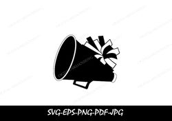 black cheerleader megaphone with pom pom outline for cheer, cheering, cheerleading, poms -,outline with word cheer