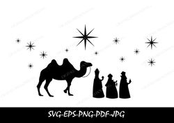 christmas nativity svg silhouette, three 3 wise men vector svg clipart, christmas svg, wise men camel nativity svg files