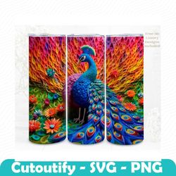 3d peacock tumbler wrap, rainbow 3d digital art, papercraft sublimation, straight skinny 20 oz tumbler wrap, instant dow