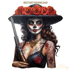 rebel cowgirl sugar skull woman with gun: digital download for sublimation & dtf printing