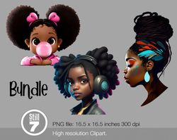 bundle of three illustrations depicting afro-american women and girls, png file format, 300 dpi resolution, with transpa