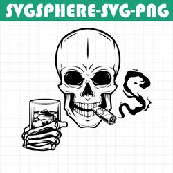 skull with whiskey and cigar svg | on the rocks clipart | gothic cigarette smoking sten