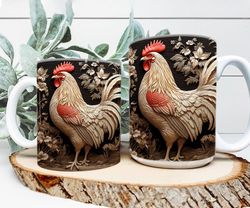 3d rooster mug, floral mug wrap, chicken mug design,