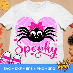 spooky spider svg, cute spider svg, halloween girl svg, girl spider with bow svg, heart spiderweb, silhouette cricut, sp