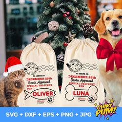 cat and dog santa sack bundle svg, dog and cat christmas bag svg, cat and dog santa stocking svg, woof and meow christma