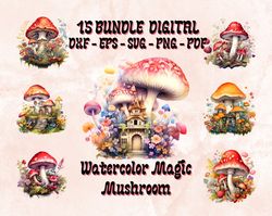 15 magic watercolor mushrooms clipart digital bundle, dxf eps svg png, nature clipart, forest, instant digital download,