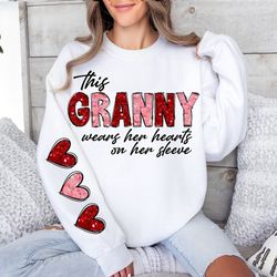 glitter this granny loves her hearts on her sleeve png custom kid name, valentine mama candy heart png, happy valentine