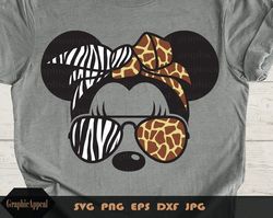 minnie safari svg, zebra and giraffe print, bandana, aviator, glasses, svg cut file, png, eps, clipart printable. vector