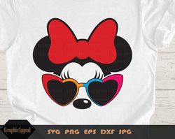 minnie with multi color heart sunglasses, svg, bow, head, ears, digital download, cut file, decal, iron on transfer, png