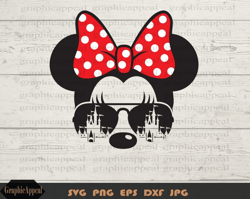 mouse with polka dot hairbow, svg, magical, castle, ears, head, aviators, sunglasses, clipart, iron on transfer, digital