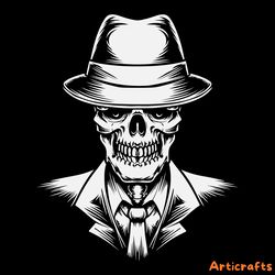 hand drawn mafia boss skull svg skeleton in hat clipart dead man in suit silhouette