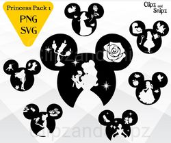 princess svg bundle, snow white svg, beauty and the beast svg, sleeping beauty svg, mickey svg for princess silhouette s