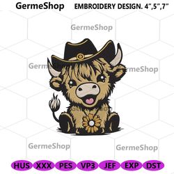 highland cow machine embroidery design files, cute cow embroidery instant files, cute highland cow embroidery digital do