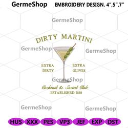 dirty martini embroidery download, martini embroidery files, 1850 cocktail social club embroidery design download instan