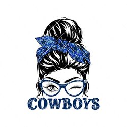 cowboys girl wearing glasses football messy bun svg