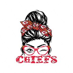 chiefs girl wearing glasses football messy bun svg