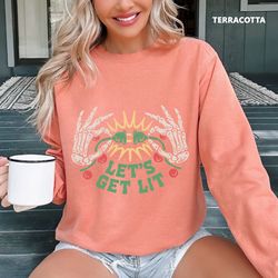 lets get lit skeleton comfort colors sweatshirt, skeleton christmas oversized crewneck, oversized holiday sweater