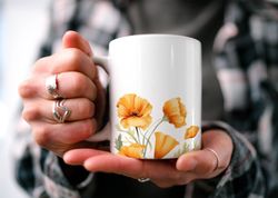 california poppies mug, enchanting floral cottagecore mug, b