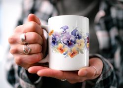 charming pansies mug, enchanting floral cottagecore mug, bot