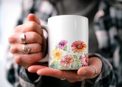 charming zinnia mug, enchanting floral cottagecore mug, bota
