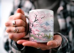 cherry blossom mountain coffee mug  nature inspired  outdoor