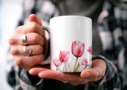 enchanting pink tulips mug, floral cottagecore mug, botanica