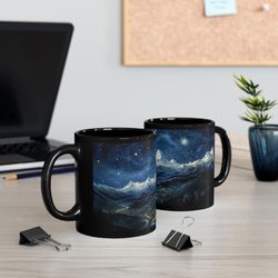 starry mountain night coffee mug  nature inspired  travel ad
