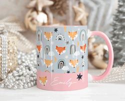pink fox personalised name mug, personalised mug, custom name cup, coffee cup gi