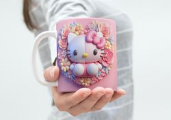 3d effect pastel pink kitty mug, coquette floral heart mug