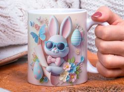 easter bunny with bow and eyeglasses mug, pastel rabbit coffee cup, easter day coffee mug