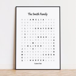 personalized family poster,first names crossword,letters, word search, scrabble, wall decor, family names, gift ideas, f
