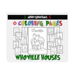 whoville houses coloring pages svg, christmas craft decorations set, color line art grinch cricut kids, whoville buildin