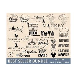 best seller bundle, 2023, mickey mouse, 24 svg cut files, safari mode, castle, design element, spoiled, broke, family tr