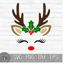 reindeer with holly - instant digital download - svg, png, dxf, and eps files included! - christmas, reindeer face, antlers, girl