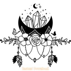 flower moon boho mystic crystas moon svg