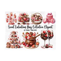 watercolor sweet valentines day collection clipart, 27 png valentines day clipart, chocolate png, pink dessert, candy bo