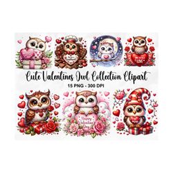 watercolor cute valentines owl clipart, 15 png valentines day clipart, valentines candy heart, valentines owl bundle, co