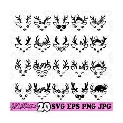 20 reindeer faces svg bundle, cute rudolph clipart, cool antler png bundle, christmas shirt gifts, merry and bright cutfile, tis the season