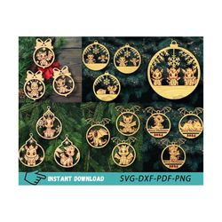 dragon christmas tree decoration laser cut file, wooden christmas balls ornaments cut file, new year decoration svg dxf pdf png (16 designs)