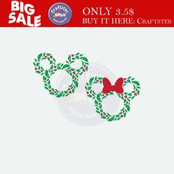 christmas holiday wreath mickey minnie mouse ears | 2 color | svg clipart images digital download sublimation cricut cut