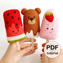 felt ice cream popsicles hand sewing pdf tutorial with patterns. pretend play food pattern. felt kitchen montessori toys