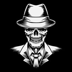 hand drawn mafia boss skull svg skeleton in hat clipart dead man in suit silhouette