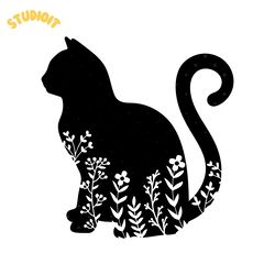 floral cat silhouette svg digital download files