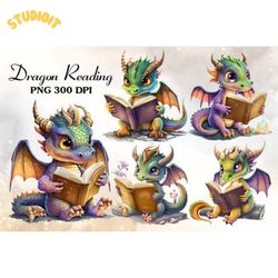 dragon reading book sublimation clipart digital download files